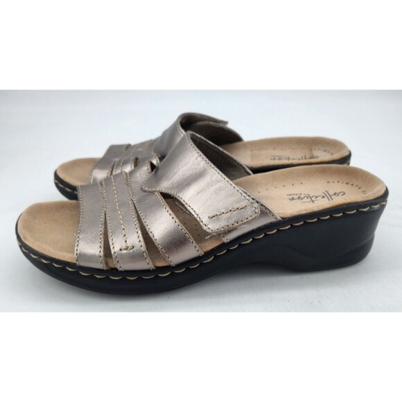 Clarks Women's 8M Lexi Sabrina Sandals Pewter Metallic Leather Slip On Wedge - Picture 7 of 10